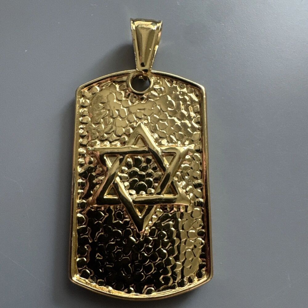 Stainless Steel Star of David Texture Dog Tag Pendant Jewish Gold 24 Inch Chain